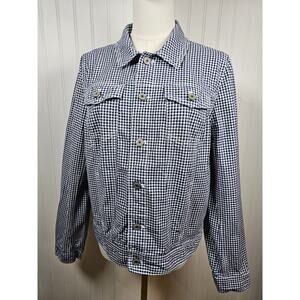 Talbots Gingham Checkered Navy Blue & White Jacket Women's L Preppy Nautical